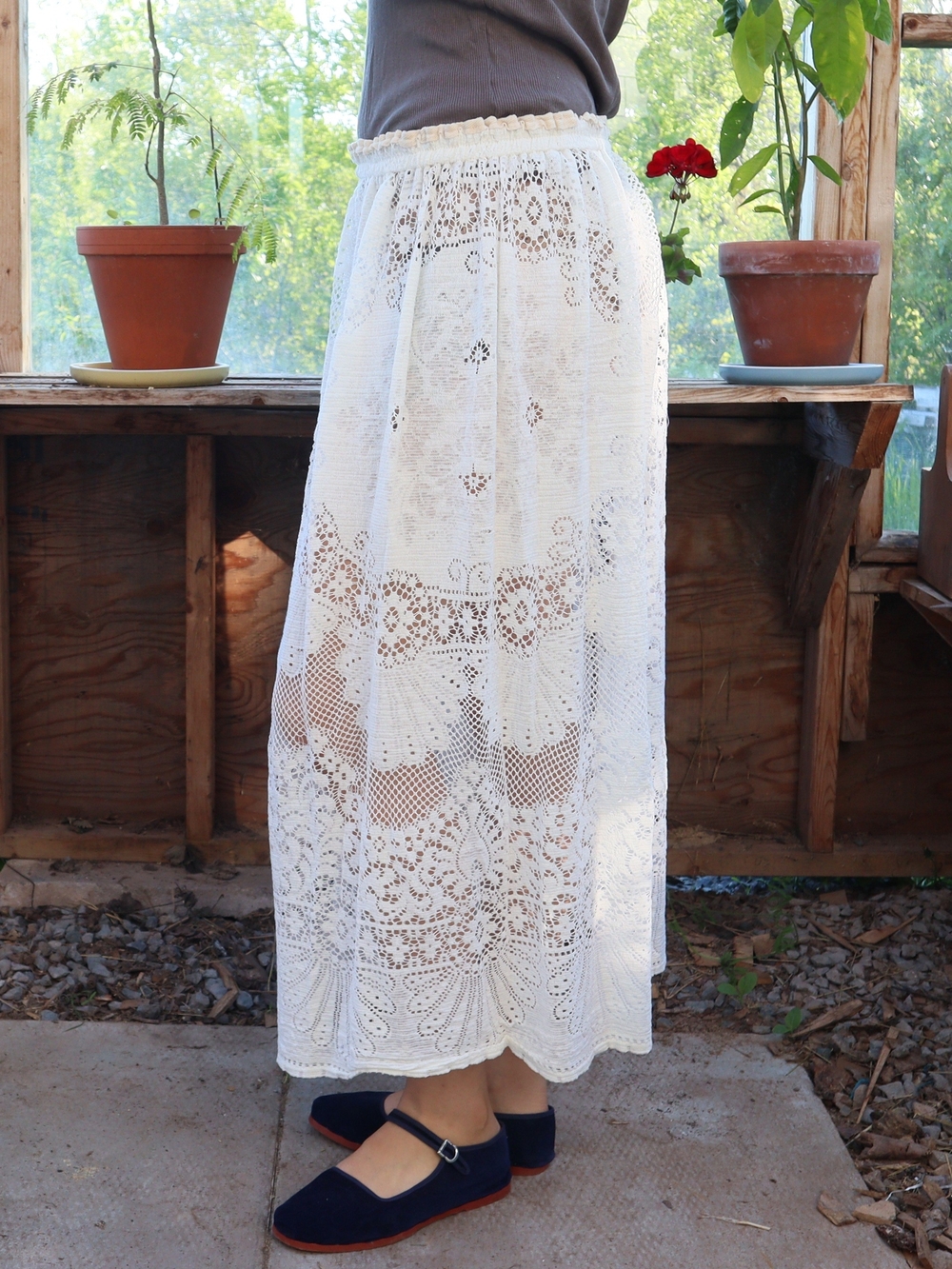 Upcycled Vintage Lace Maxi Skirt Cotton Sheer Floral - Picture 5 of 8